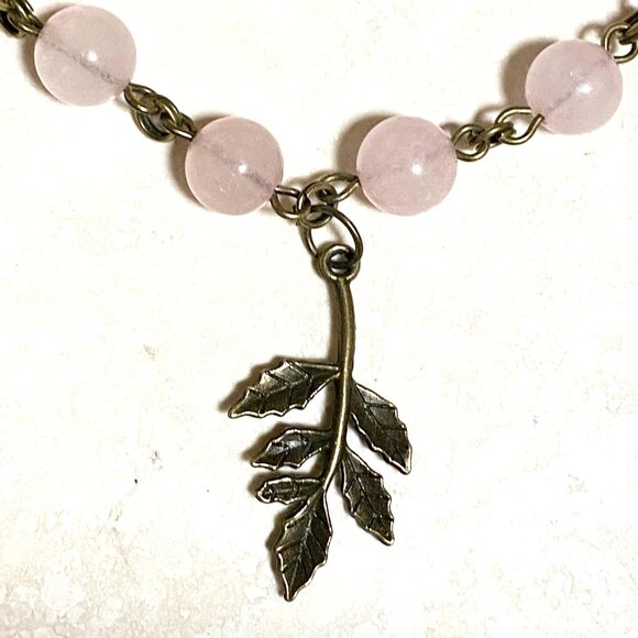 Natural Pink Rose Quartz Necklace, Bronze Leaf Branch + Genuine Gemstone Choker - Picture 6 of 14